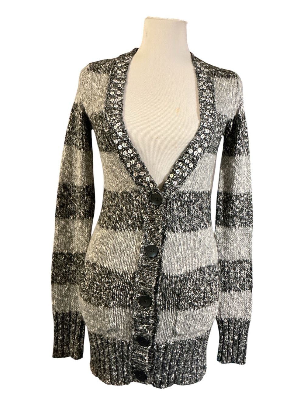 Mudd Black & White Striped Embellished V-Neck Cardigan
